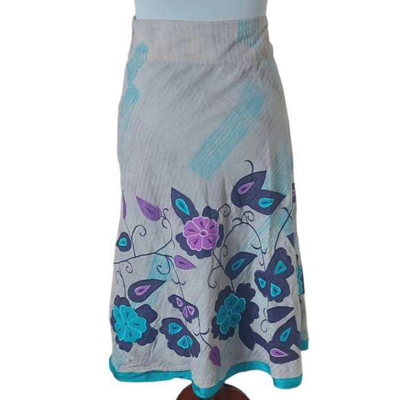 Monsoon Embroidered Skirt UK Size 16 Applique Beige Purple Blue A-line Lined - Picture 4 of 8